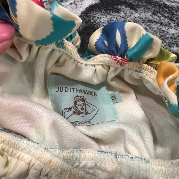 JUDITH MARCH sleeveless mini silk colorful folk print dress with jabot - Picture 13 of 13